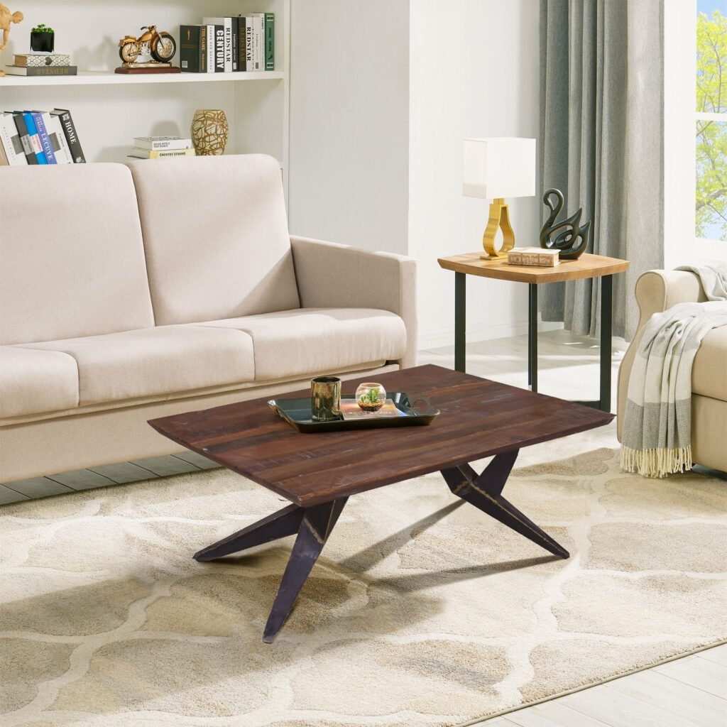 Stylish living room featuring a modern wooden coffee table and cozy beige sofa.